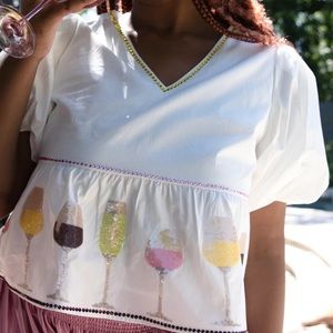 Queen of Sparkles Glitter Glass wine peplum top sz M